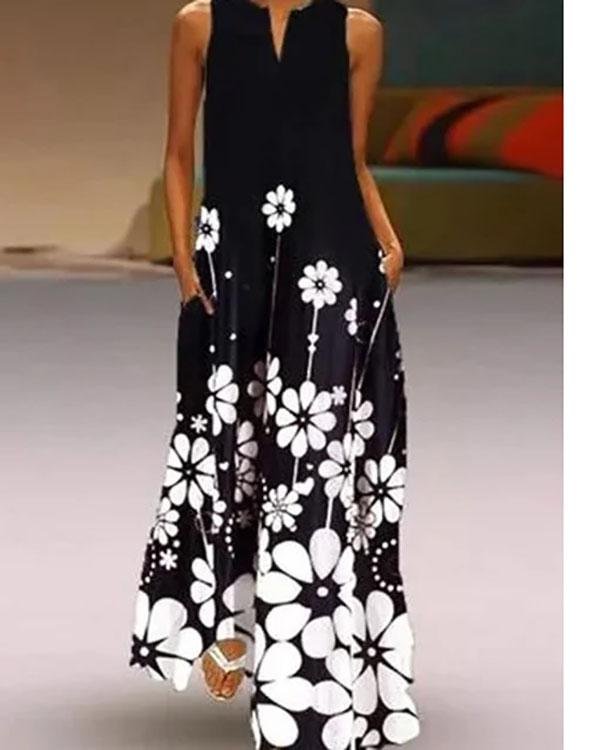 Black Sleeveless Cotton-Blend Floral-Print Dresses - Chicaggo