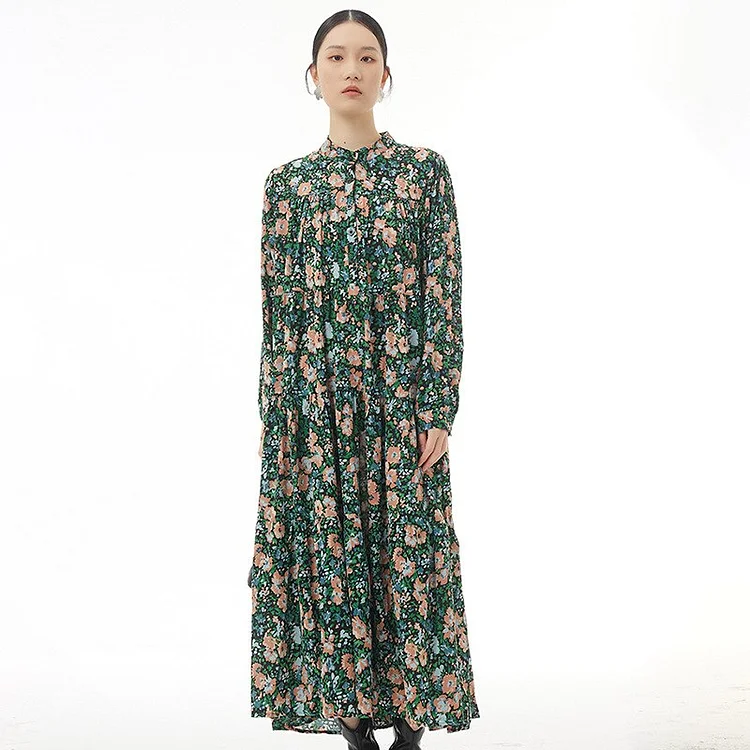 Vintage Loose Half Stand Collar Colorful Floral Printed Pleated Long Sleeve Dress