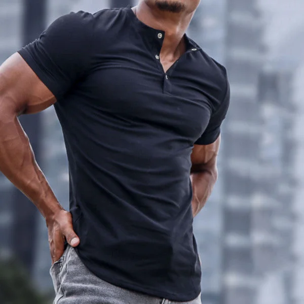 Men's Henley Elastic Slim T -shirt Solid Color Daily Casual Short Sleeve Top