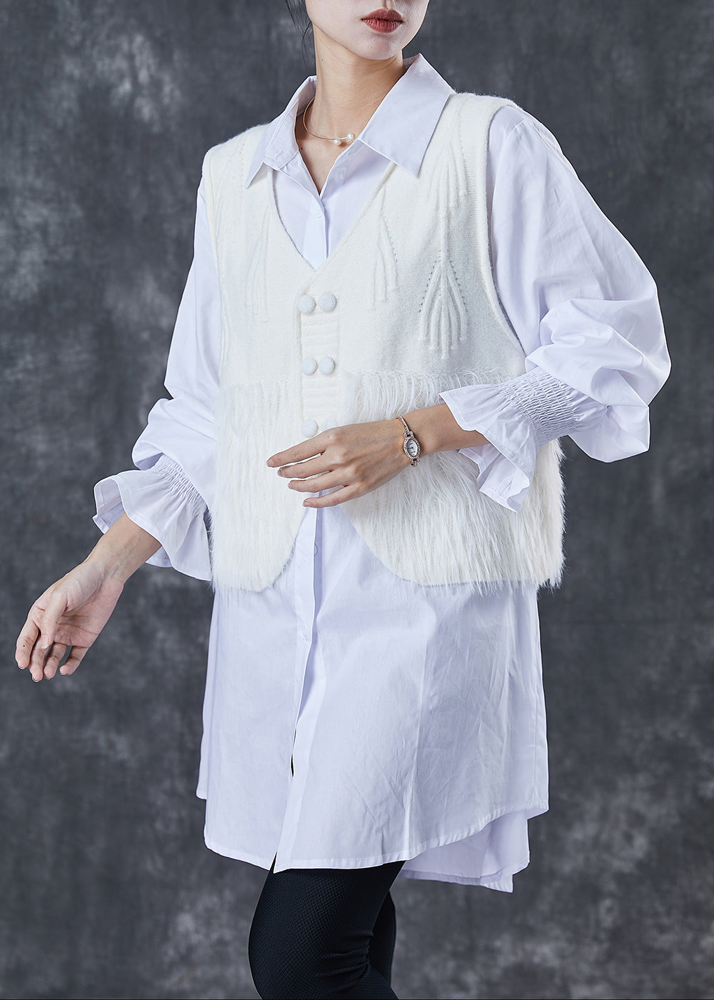 Patchwork Wool Vest With White Fox Fur Pockets And V Neck Cozy Everyday Wear For Women main image 0