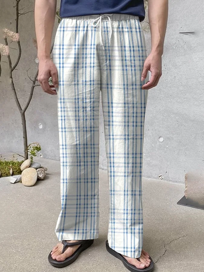 Men's Vintage Plaid Design Elastic Waist Lace-Up Casual Pants