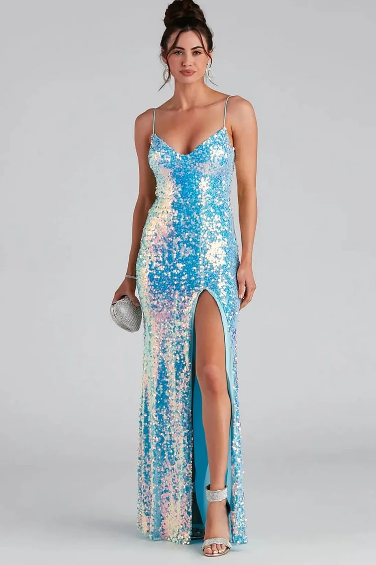 Evening Cami High Split Sequin Dress-Blue