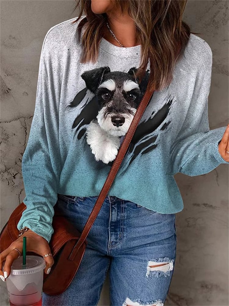 Comstylish Cute Dog Print Gradient Long Sleeve T Shirt