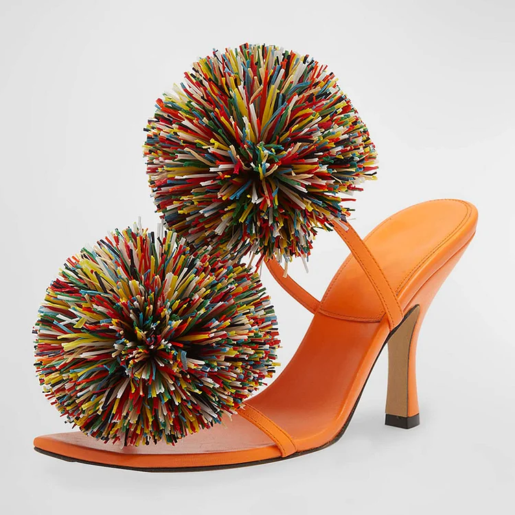 Orange Square Toe Stiletto Heels Dual Band Pom Pom Mules Sandals |FSJ Shoes