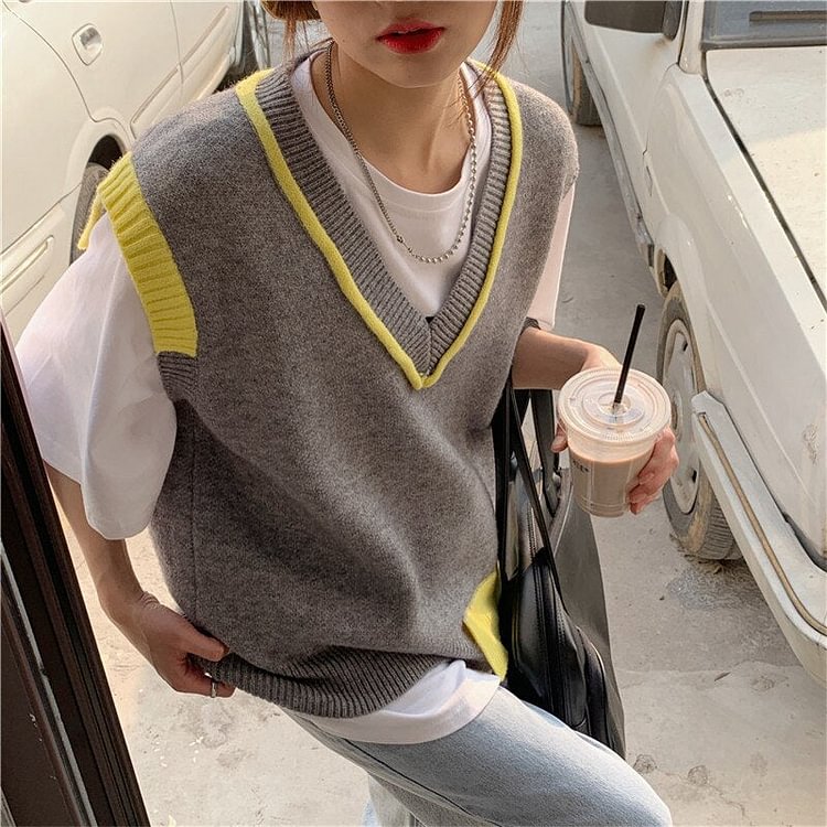 early spring V-neck pullover college wind contrast stitching knitted vest - BlackFridayBuys