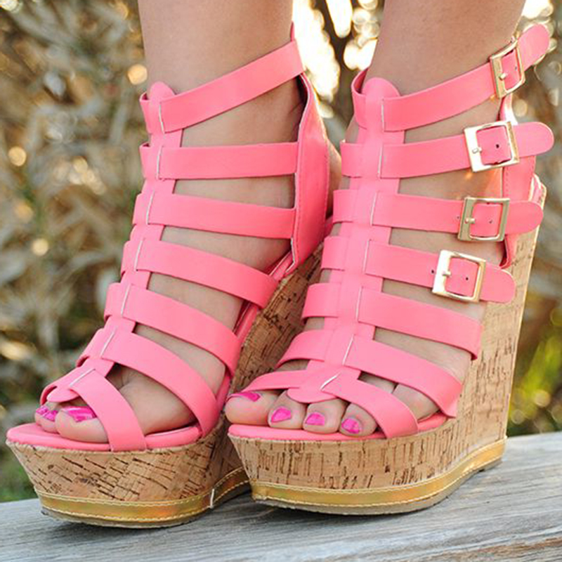 Pink Open Toe Cork Wedge Gladiator Sandals with Platform