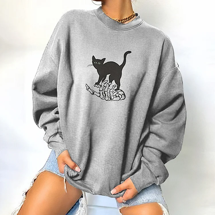 Vefave Halloween Skull Cat Print Sweatshirt