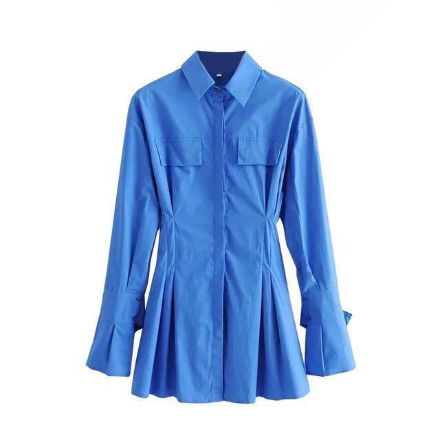 Elegant Blue Cotton Shirt Dress Women Spring High Fashion Solid Color Flared Sleeve Bodycon Mini Dresses OL Vestidos
