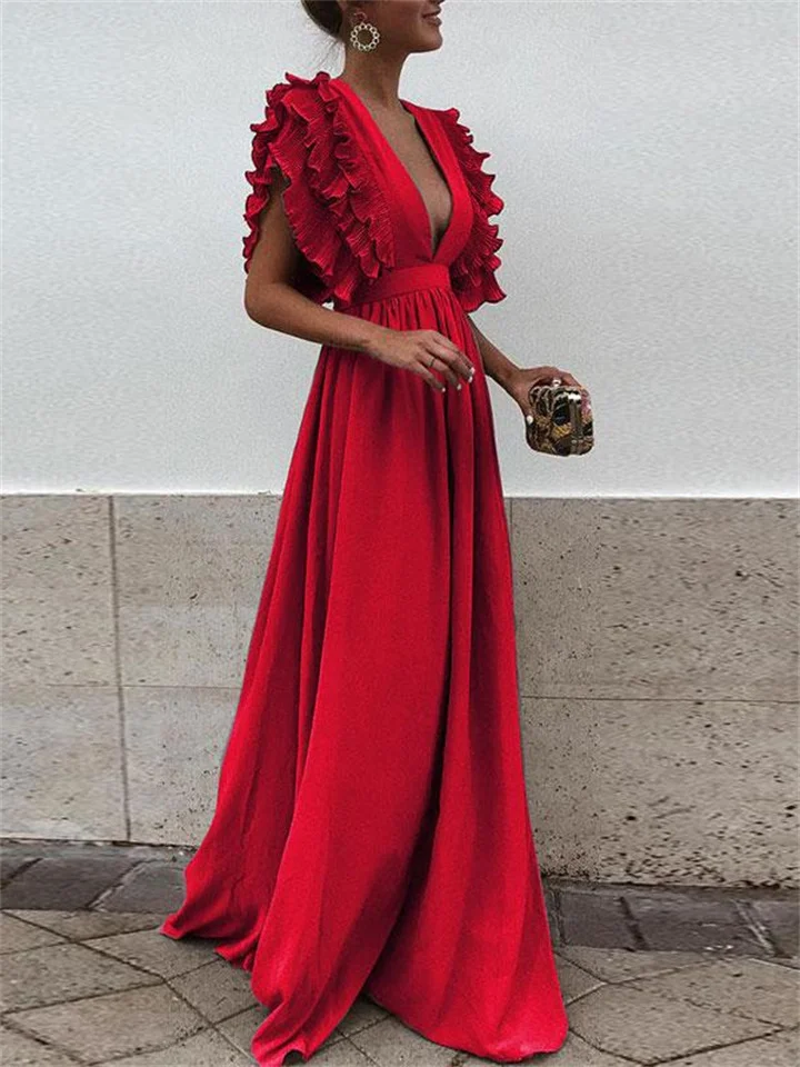 Solid Color Sexy Dress V-neck Ruffle Sleeve Long Dress