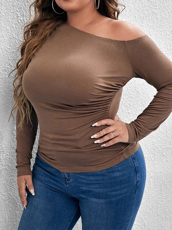 Solid Color Long Sleeves Plus Size Off-The-Shoulder T-Shirts Tops Pullovers
