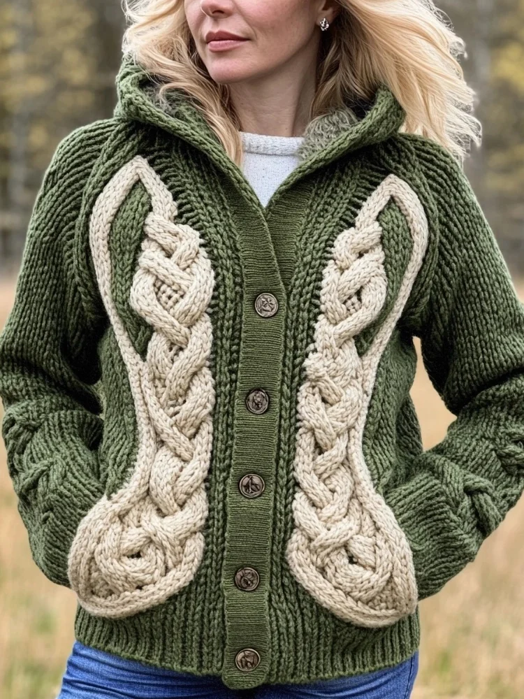 Classic Celtic Jacquard Contrast Color Cozy Hooded Cardigan