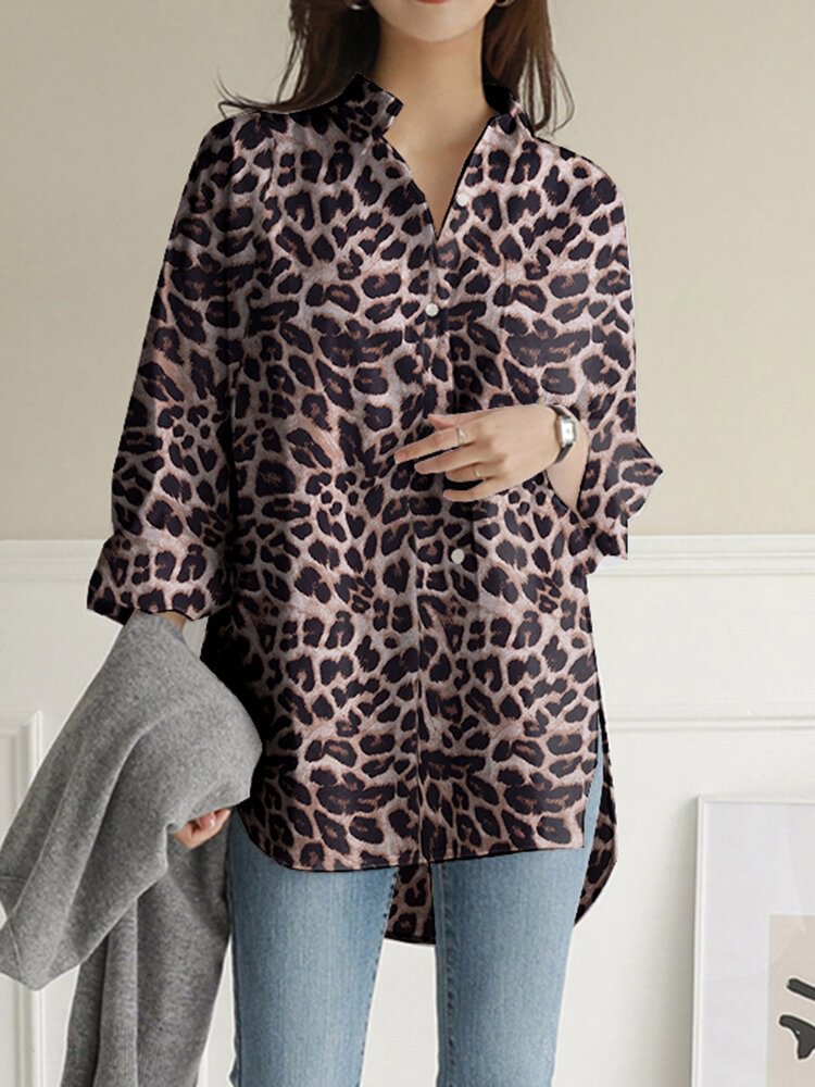 Leopard Printed Long Sleeve Stand Collar Asymmetrical Blouse For Women P1759310