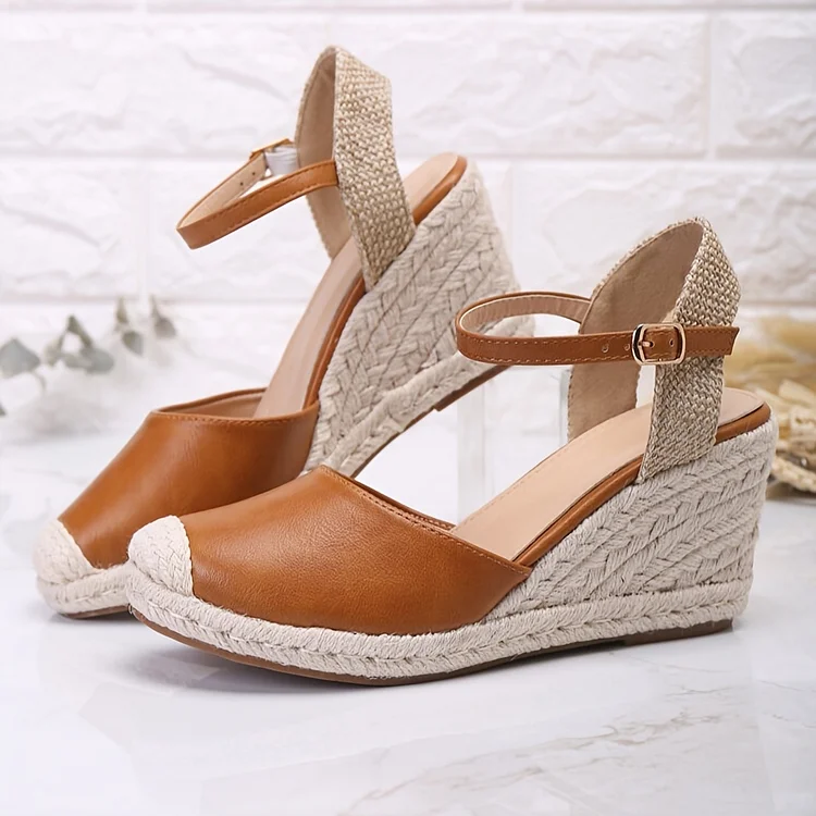 Women's Espadrille Closed Toe Wedge Sandals, Retro Ankle Buckle Strap Slingback Heels, Casual Lightweight Sandals
