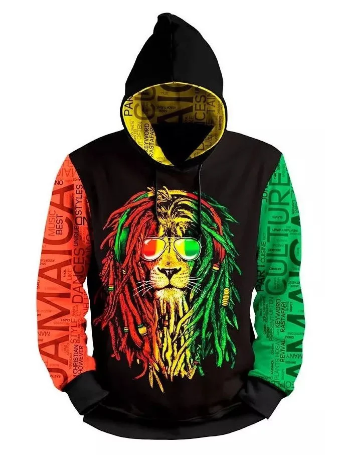 Men's Multicolor Hip Hop Lion Head Graphic Print Hooded Sweatshirt