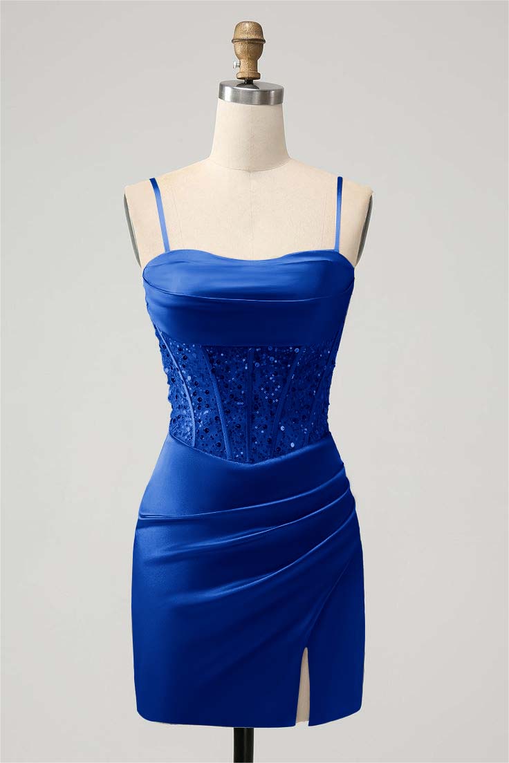 Lvs&Broner Sage Green Satin Spaghetti Strap Pleated Split Homecoming Dress with Beadings