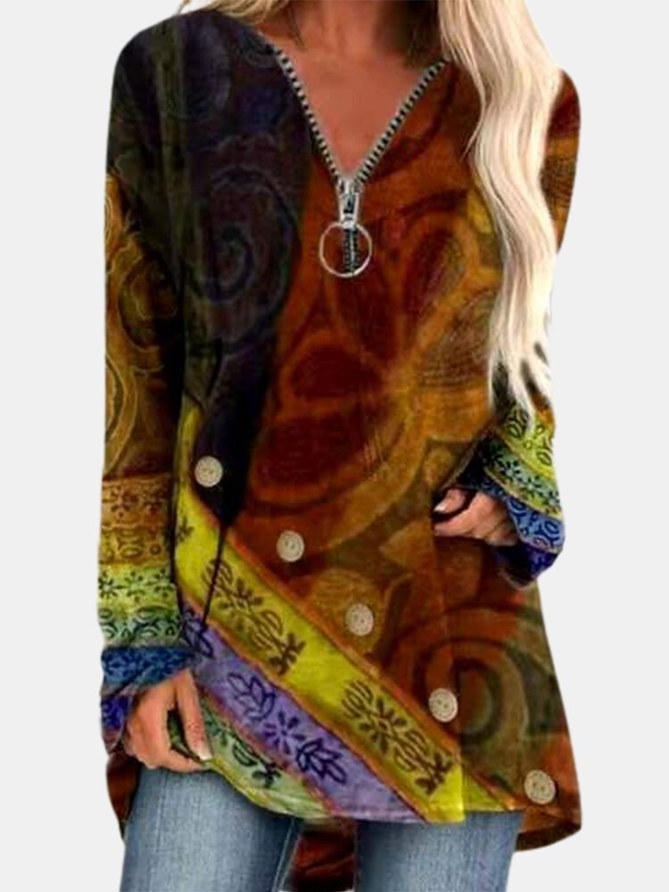 Ethnic Print Patchwork Vintage Long Sleeve Blouse For Women P1783047