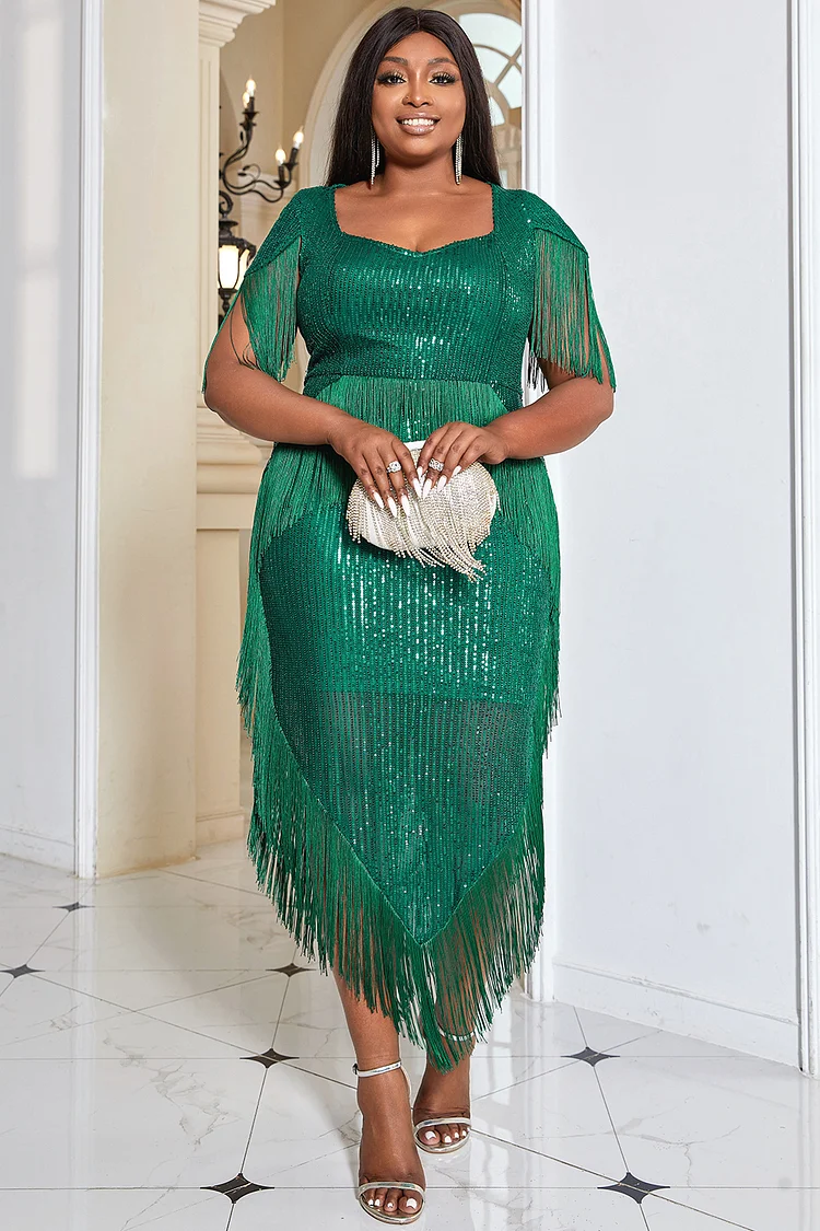 Plus Size Green Semi Formal Short Sleeve Sequin Fringe Asymmetrical Midi Dresses