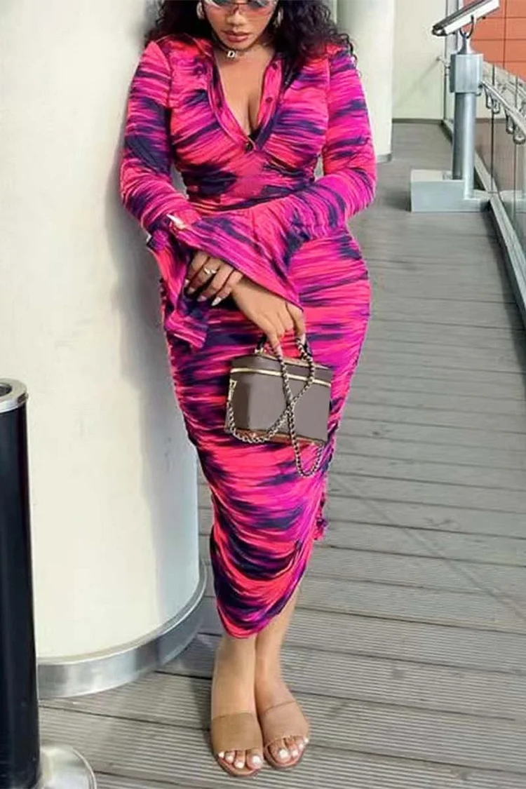 Pattern Print Deep V Neck Long Sleeve Bodycon Ruched Side Midi Dresses