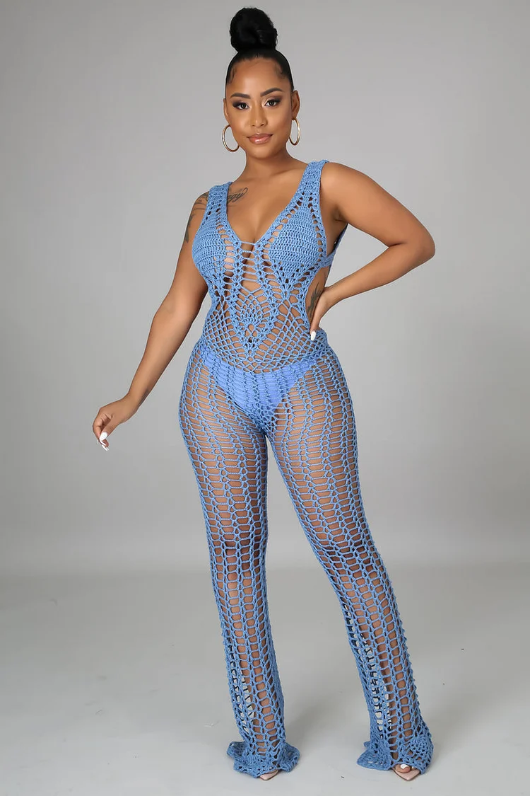 Knit Beach Cover Up V Neck Cutout Crochet Jumpsuit