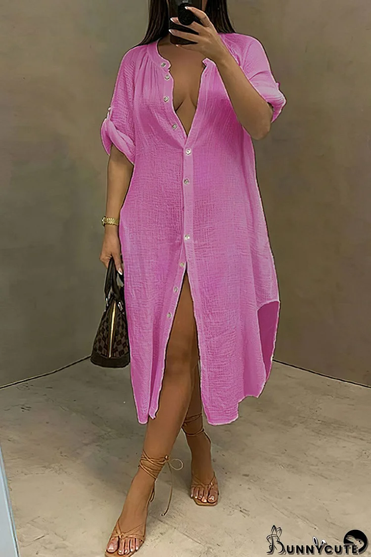 Rose Red Fashion Casual Solid Patchwork Turndown Collar Shirt Dress