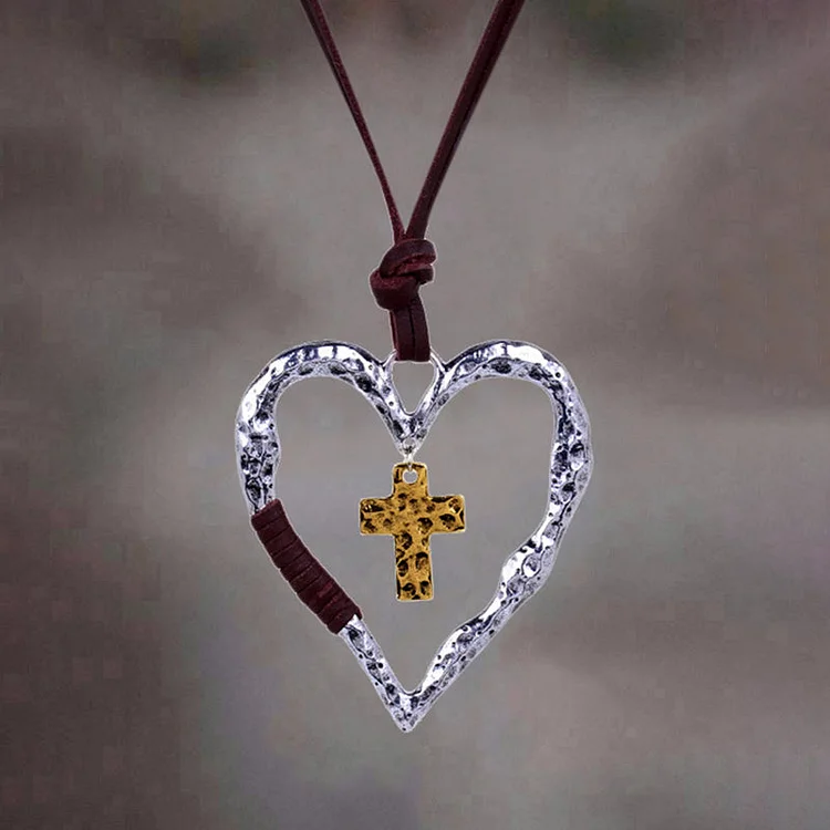 VChics Cutout Heart Cross Leather Rope Necklace