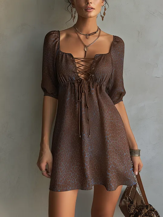 Brown Leopard Print Chiffon Mini Dress With Lace-Up Drawstring Front
