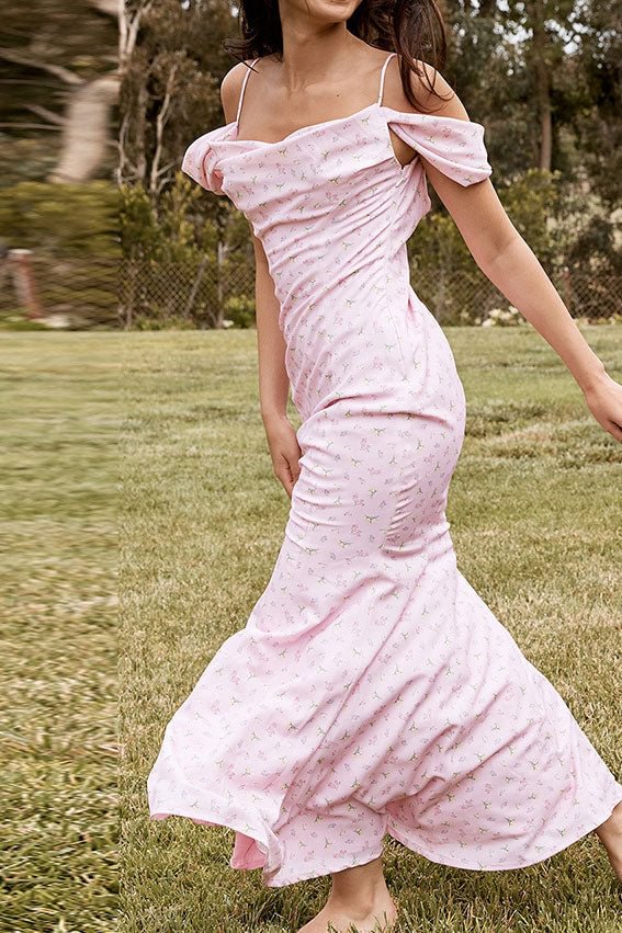 Pink Off Shoulder Printed Mermaid Long Dress - Chicaggo
