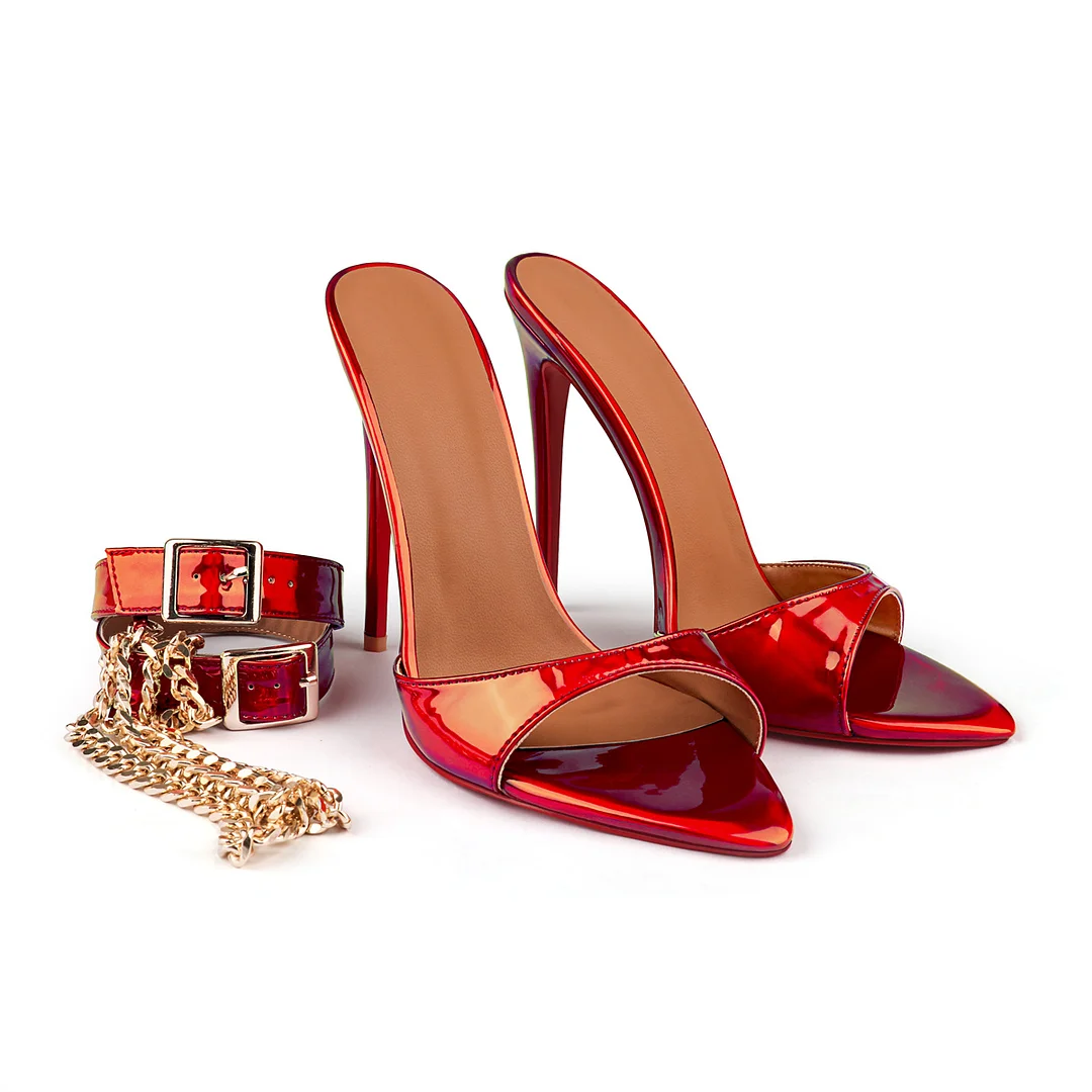 120mm Women's Red Bottom Sandals Open Toe Stiletto High Heels Vegan Mules Chain Strap Colorful -MERUMOTE