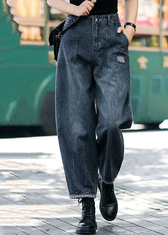 Style Navy High Waist Pockets Harem Casual Denim Pants