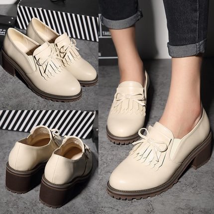 Beige Round Toe Low Heel Fringe Vintage Shoes US Size 3-15 |FSJ Shoes