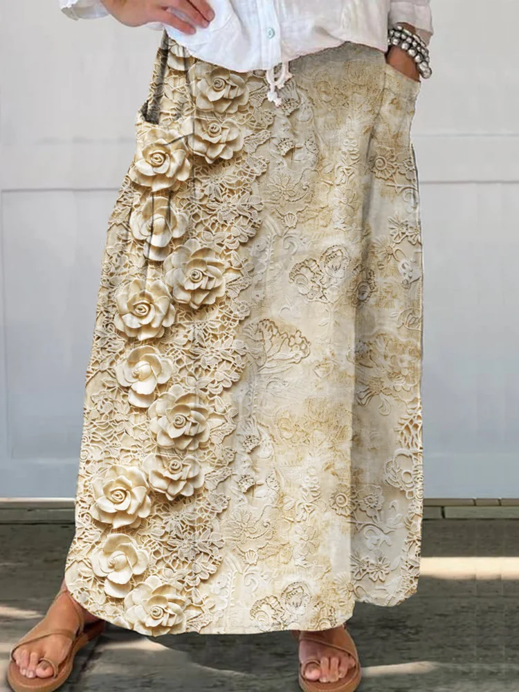 Comstylish Vintage Three-Dimensional Floral Lace Linen Pocket Half Skirt