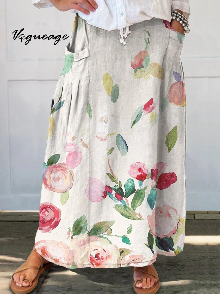 Simple Stylish And Bright Flowers Printed Women's Casual Cotton And Linen Skirt