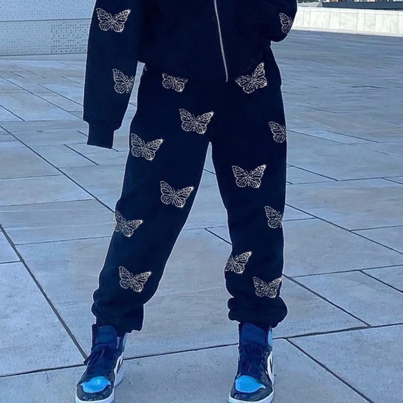 UForever21 Women's Butterfly Print Pants Coats Tracksuits 2022 Korean Fashion Y2K Streetwear Rhinestone Zippper Hoodies Sweatpants Female