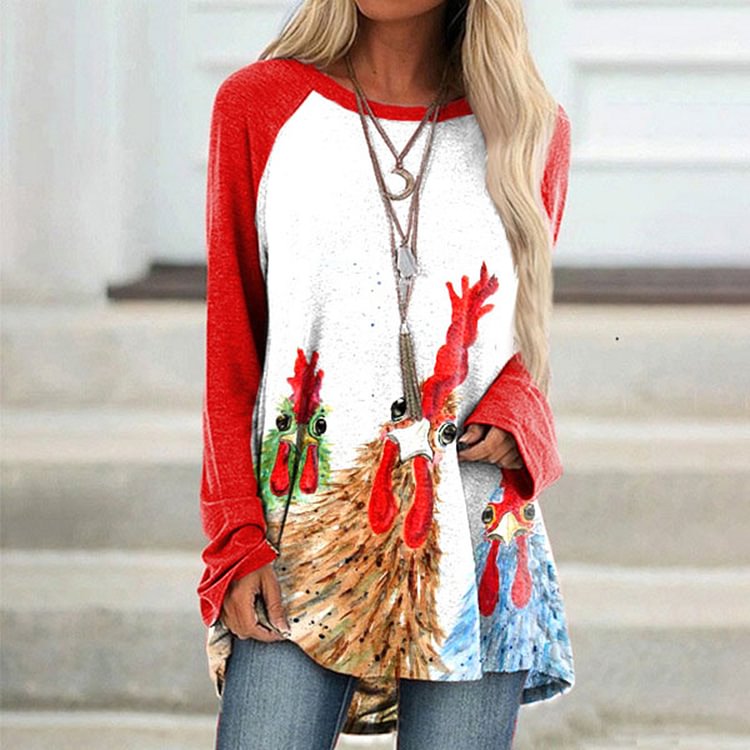 Vefave Casual Chicken Print Long Sleeve Tunic