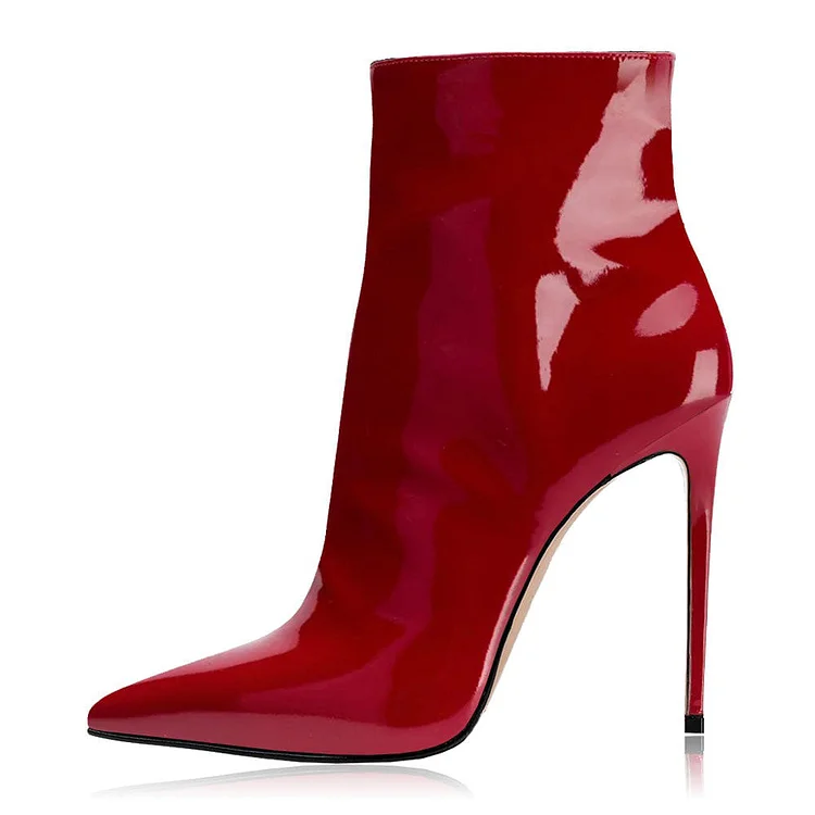 Red Patent Leather Pointy Toe Stiletto Heel Ankle Boots for Women |FSJ Shoes