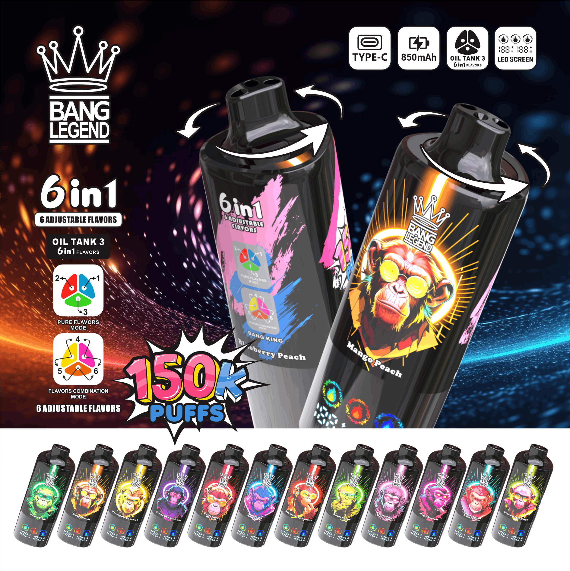 【New Arrive】Bang Legend 150000 150K Puffs 6 in 1 Flavors Newest Original Rechargeable LED Display Disposable Vape mysite fumotvapeshop