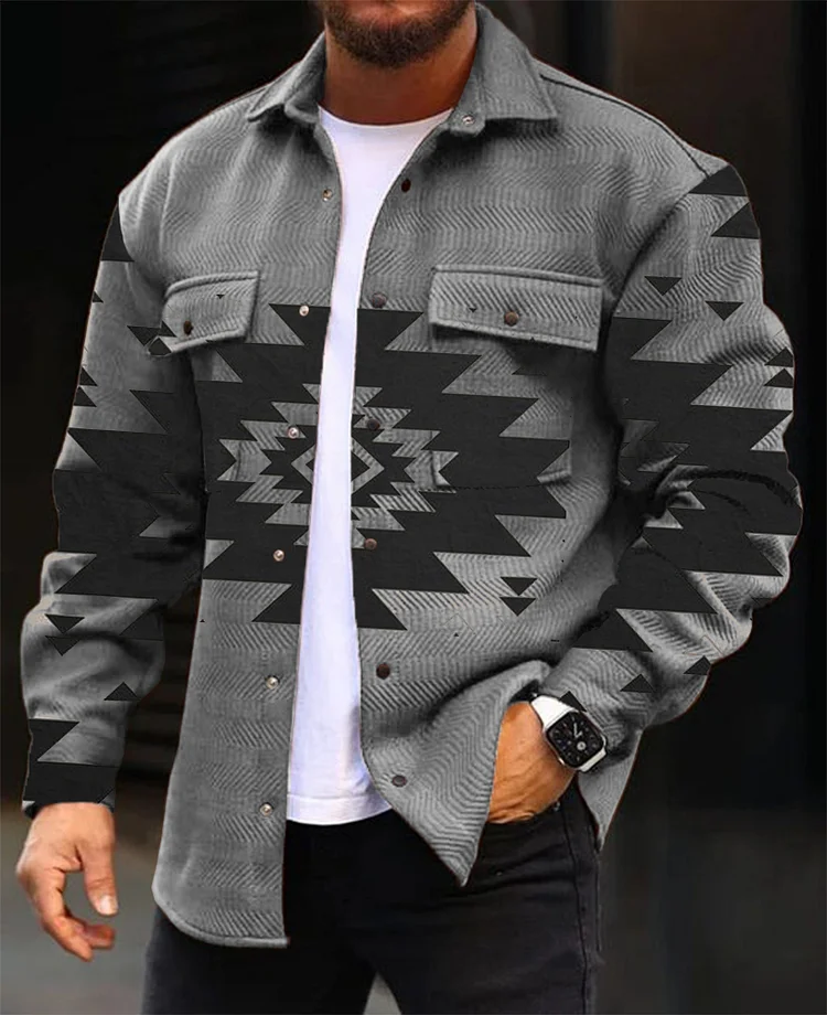 Fashion Grey Geometric Print Men's Woolen Sport Jacket