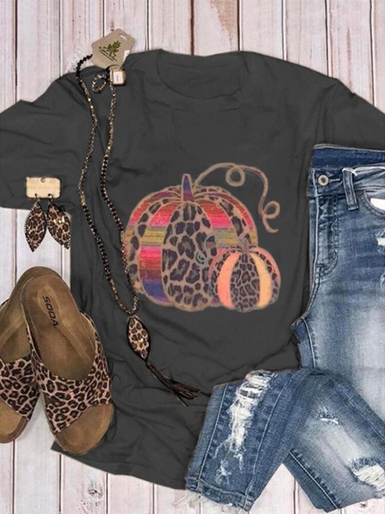 Pumpkin Print Short Sleeve Casual T shirt For Women P1661482