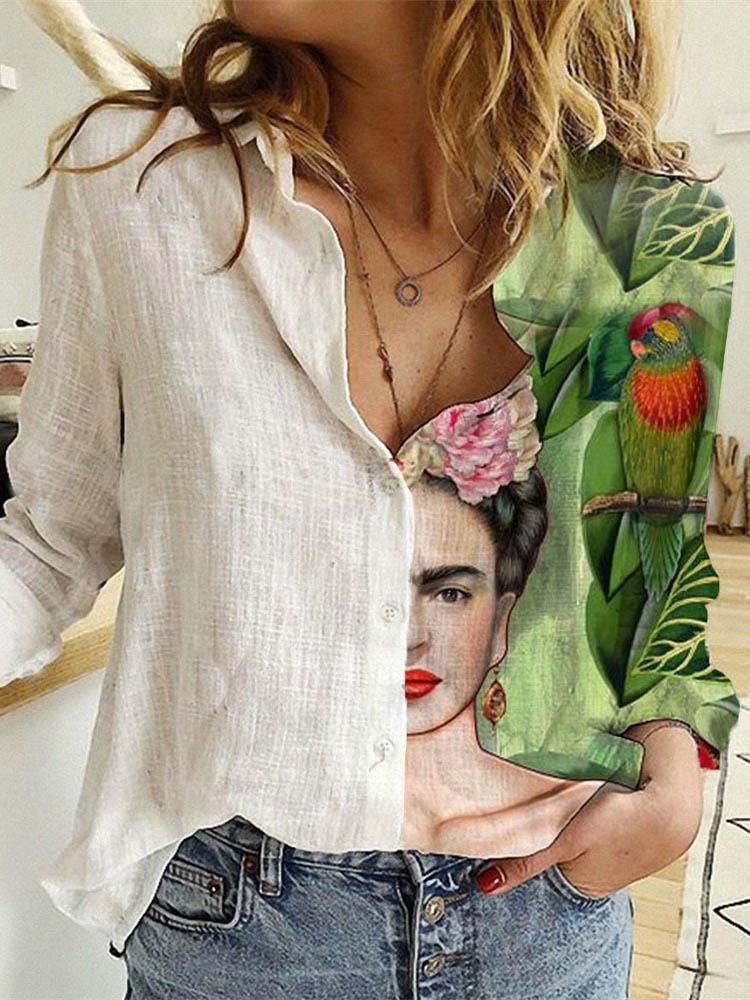Cartoon Print Patchwork Lapel Collar Long Sleeve Button Blouse P1732242