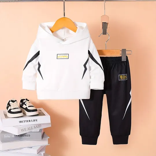 【6M-3Y】Boys Fleece Letter Print Hooded Long Sleeve Top & Pants Set