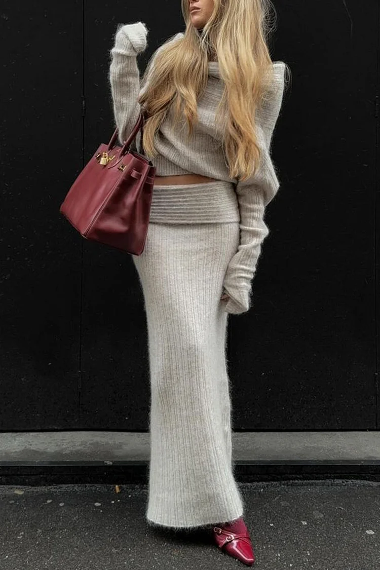 Off Shoulder Long Sleeve Sweater Textured Knit Maxi Skirt Matching Set-Beige
