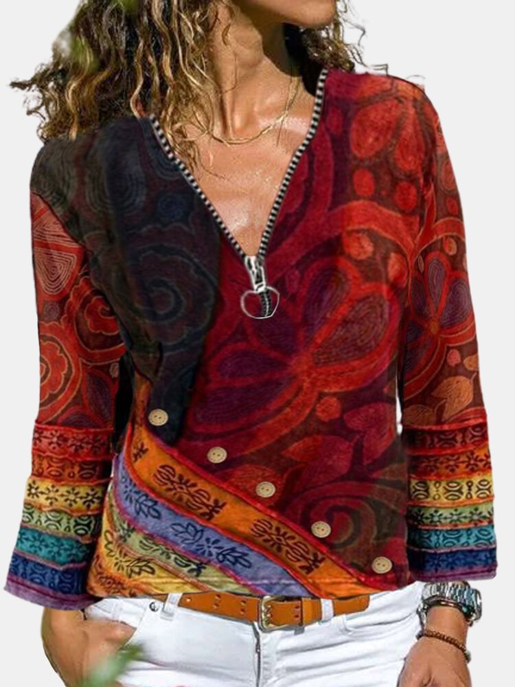 Ethnic Rainbow Printed Long Sleeve V neck Zipper T Shirt For Women P1766791
