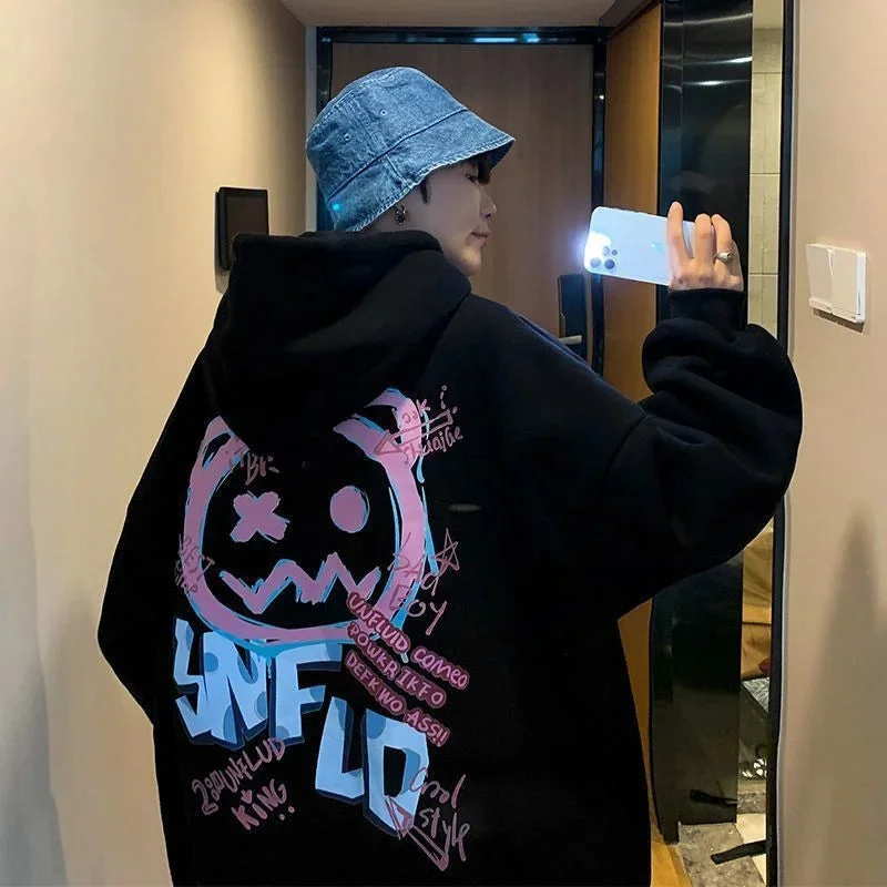 Tlbang Thick Fleece Winter Tops Men Hip Hop Hoodie Fun Graffiti Cartoon Oversized Sweatshirt Loose Casual Harajuku Kawaii Clothes
