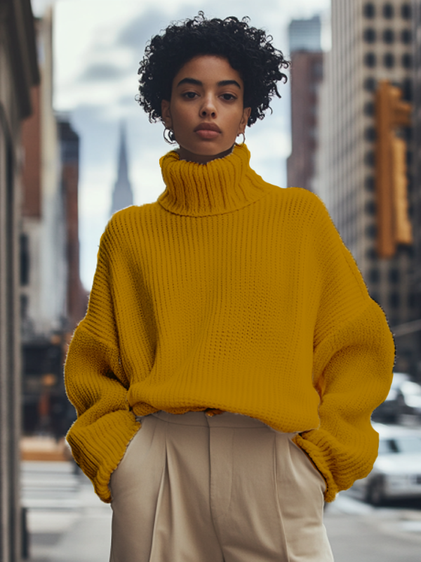 Women's Solid Color High Neck Knit Sweatshirt