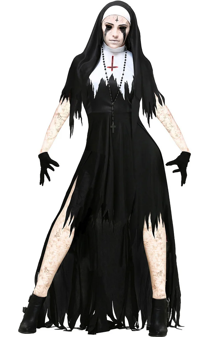 Irregular Trim Mock Neck Short Sleeve Slim Fit Halloween Nun Style Maxi Dresses