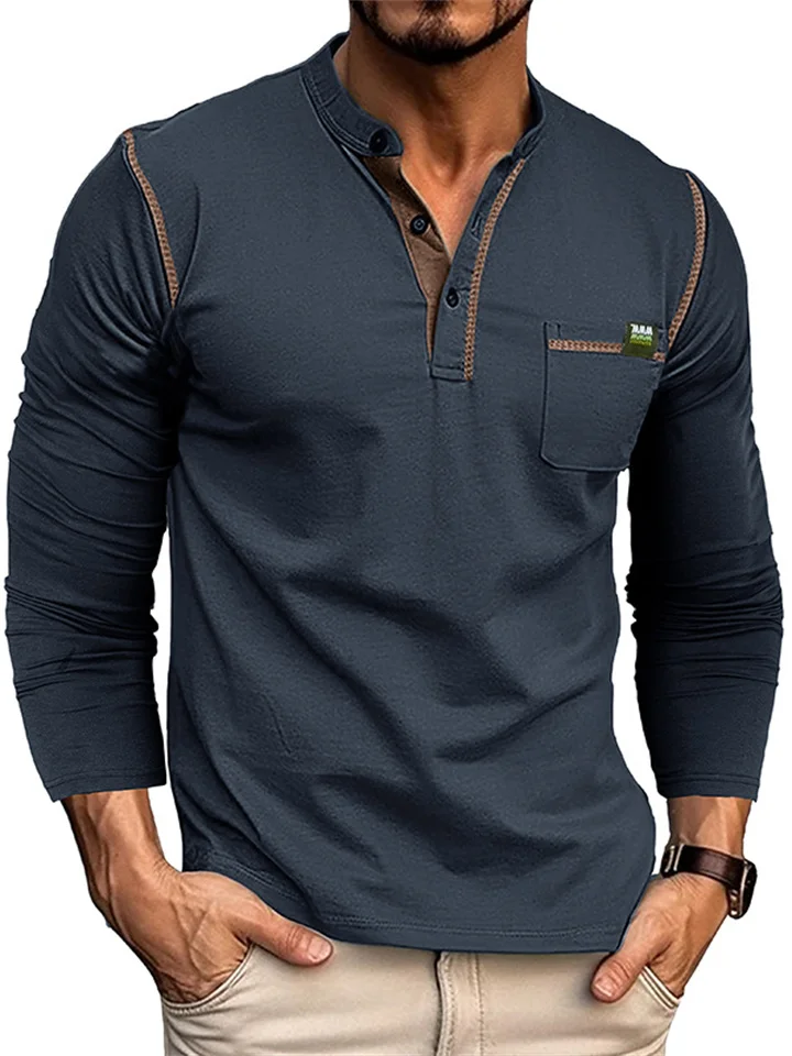 Men's Henley Long-sleeved T-shirt Colorblocked Knit Round Neck T-shirt-JRSEE