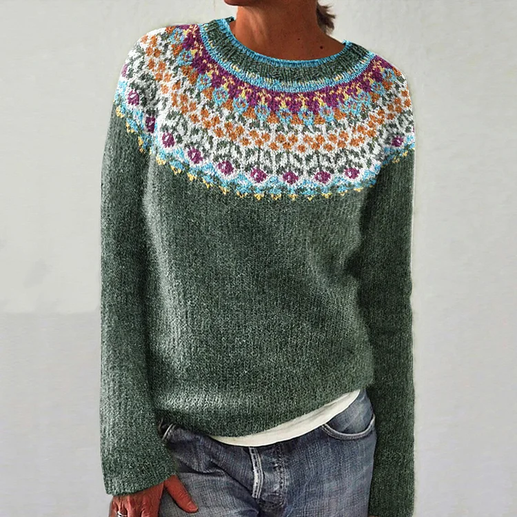 VChics Vintage Tribal Floral Icelandic Knit Pullover Sweater