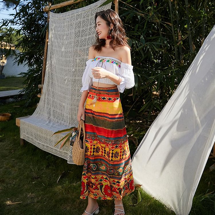 3/4-Sleeve Embroidered Top / Printed Midi A-Line skirt YP4449