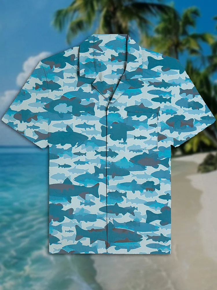 Men's Marine Art Fish Camouflage Print Short Sleeve Shirt