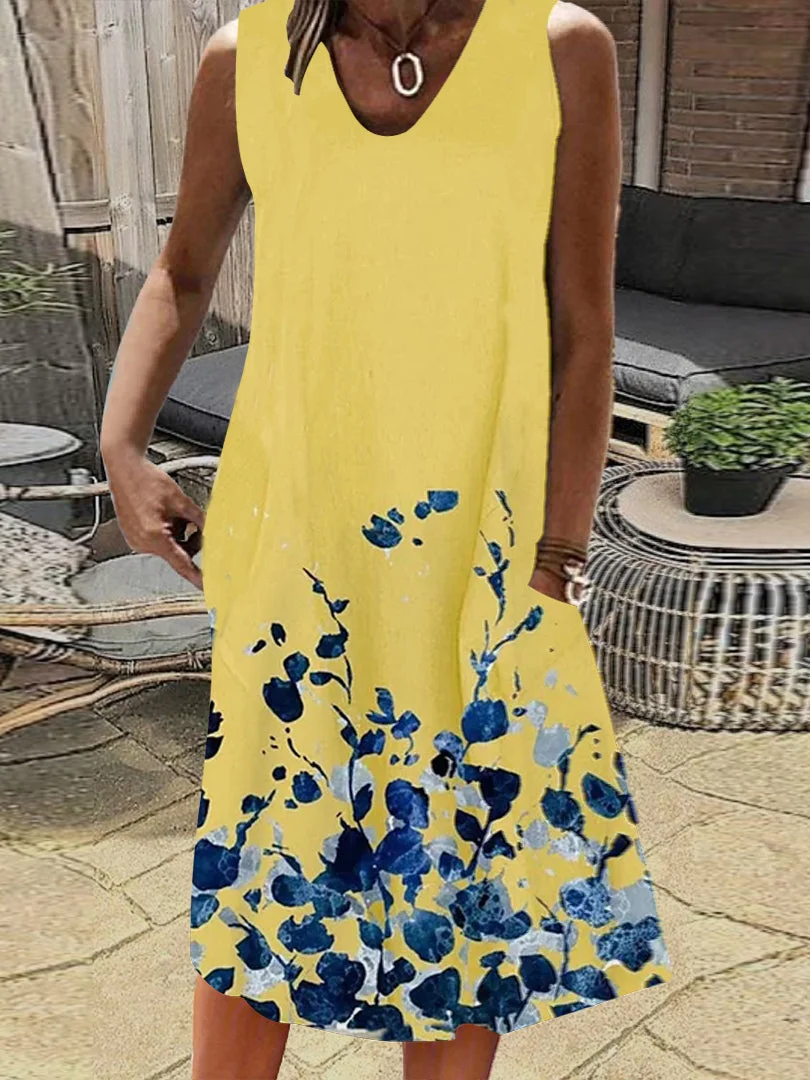 Women's Yellow V-Neck Sleeveless Graphic Midi Dress